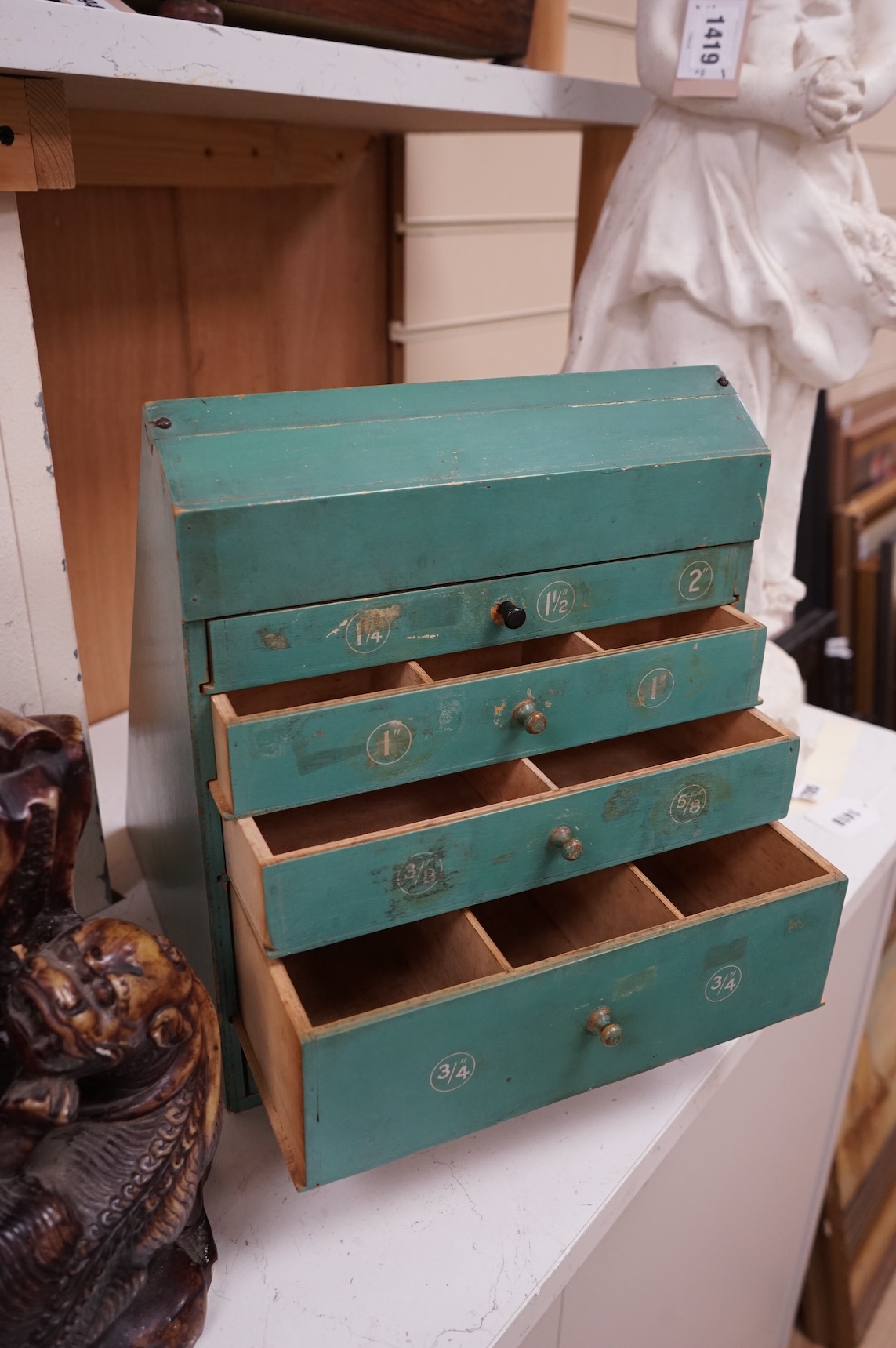 An ‘XL Super Quality Tap Washers’ cabinet, 34cm tall